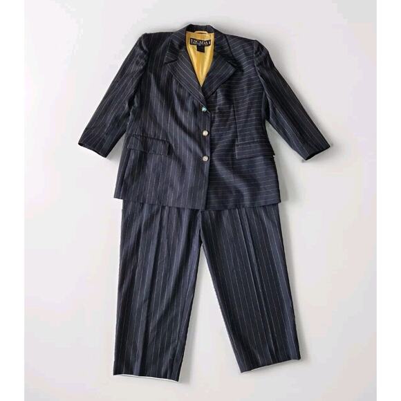 Vtg Escada Margaretha Ley Women's Navy Pinstripes Suit Iridescent Gold Buttons - Picture 1 of 10